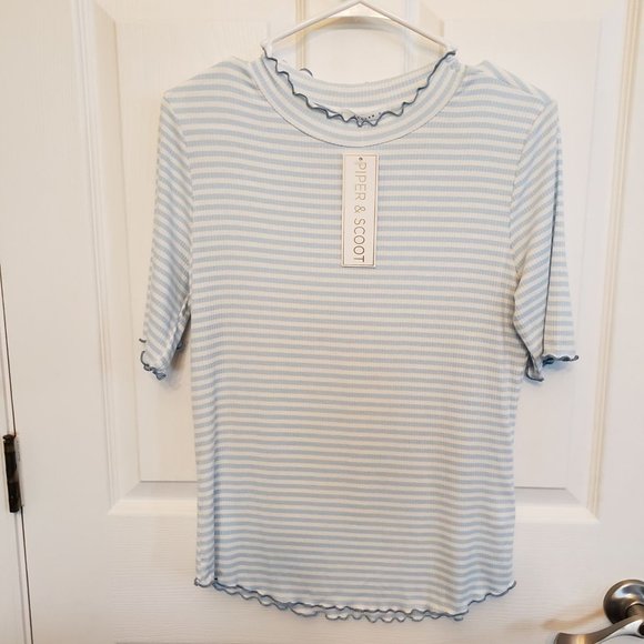 Reborn J Tops - Piper & Scoot Blue & White Striped Top Mock Neck